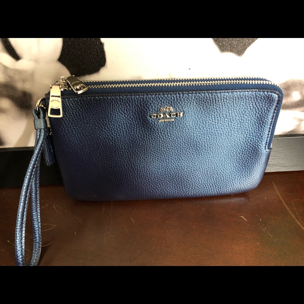 Coach metallic blue double zip wristlet